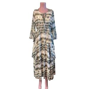 ModX‎ Tired Midi Dress Woman’s Sz MD Green Chiffon Bell Sleeve Lined Boho